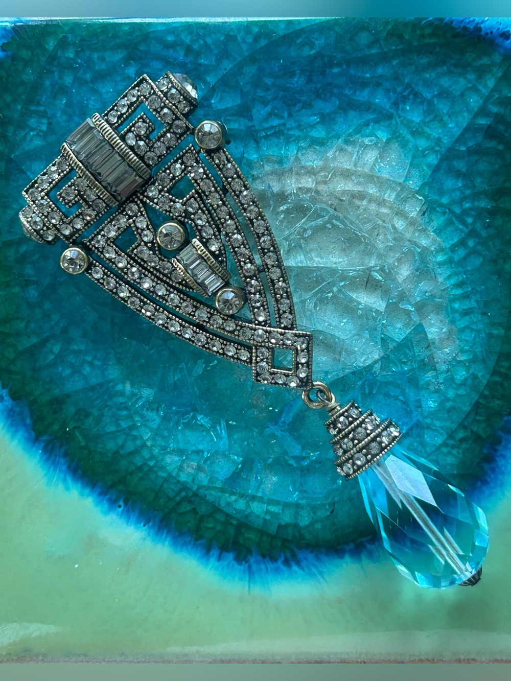 Heidi Daus Art Deco Aqua & Clear Crystal Brooch